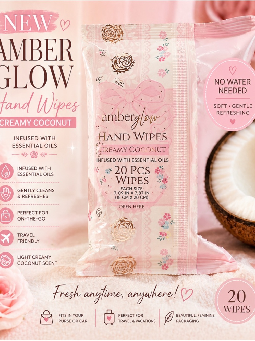 Amberglow Creamy Coconut Hand Wipes - Pink Pack
